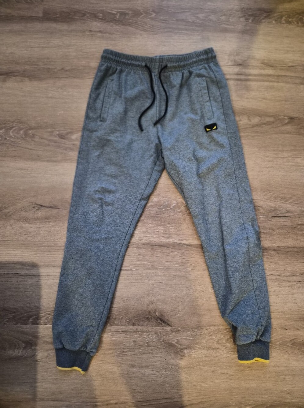 Fendi Gray Men’s Sweatpants with Black Drawstring and Yellow Accents Large